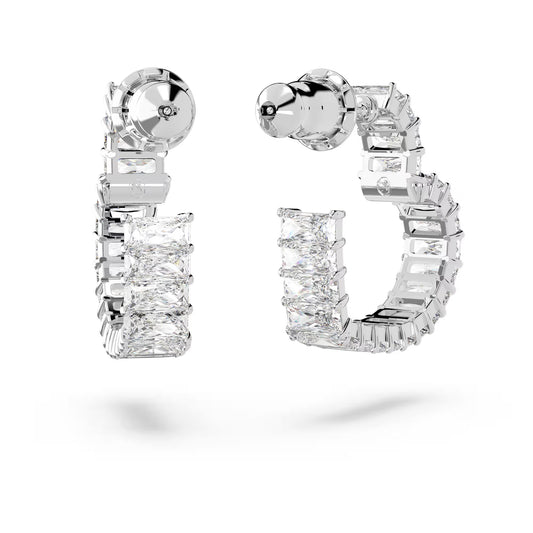 Matrix hoop earrings, Baguette cut, Heart, Small, White, Rhodium plated