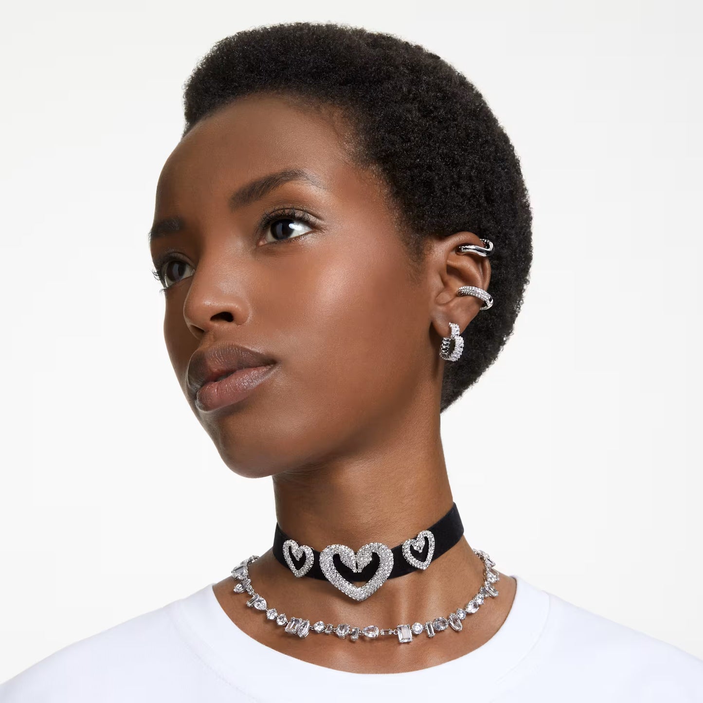 Matrix hoop earrings, Baguette cut, Heart, Small, White, Rhodium plated