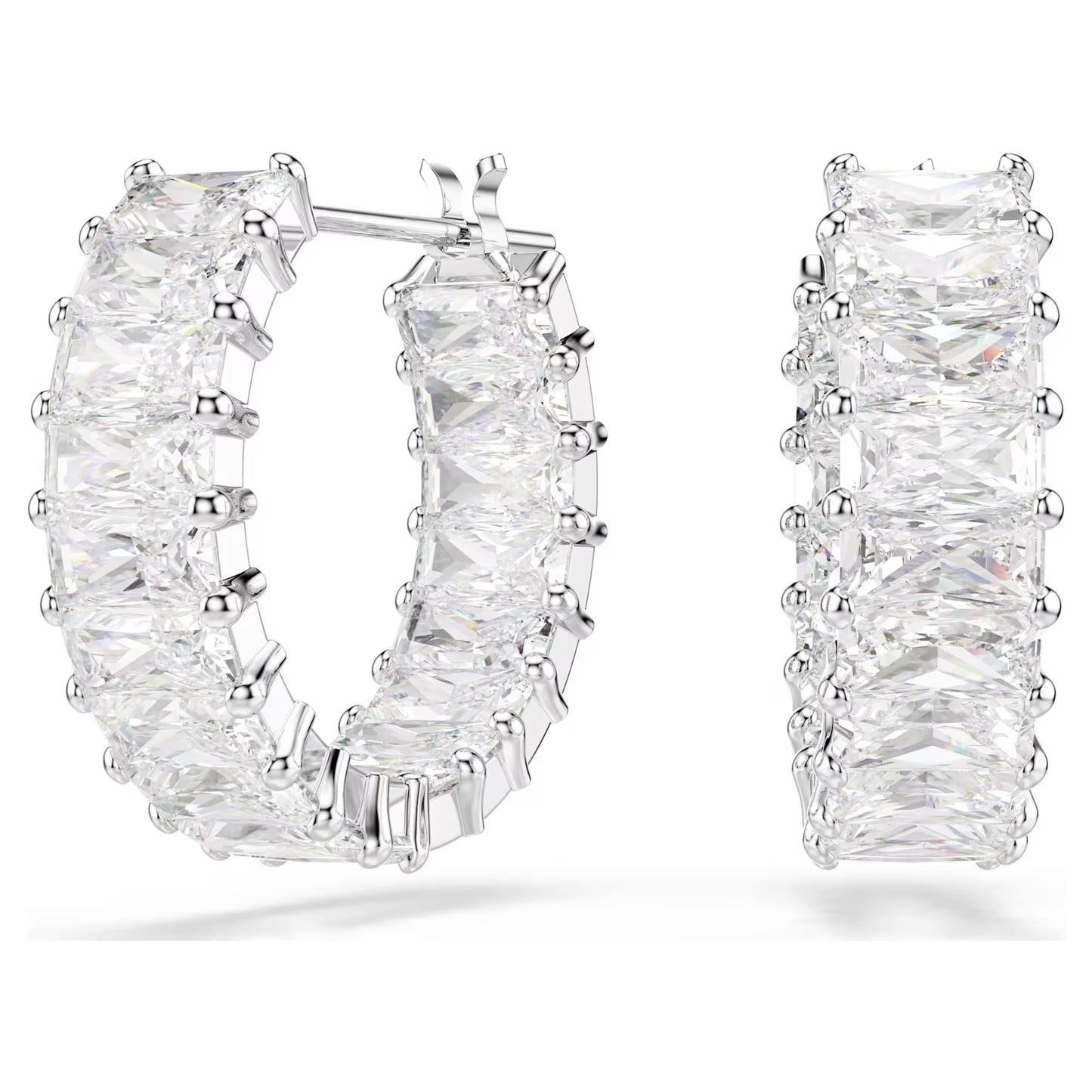 Matrix hoop earrings, Baguette cut, White, Rhodium plated