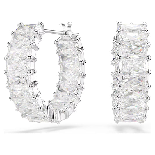 Matrix hoop earrings, Baguette cut, White, Rhodium plated