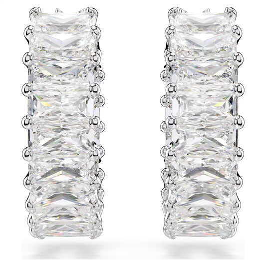 Matrix hoop earrings, Baguette cut, White, Rhodium plated