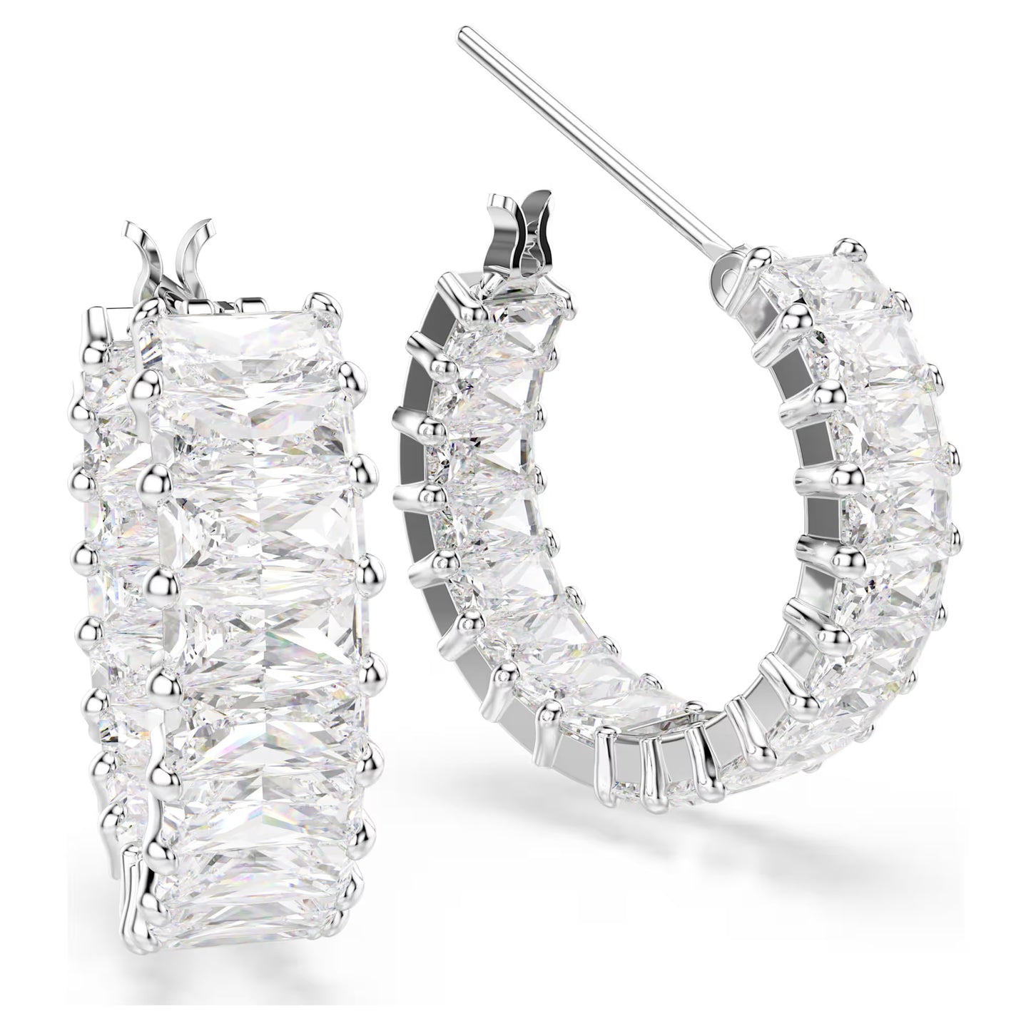 Matrix hoop earrings, Baguette cut, White, Rhodium plated