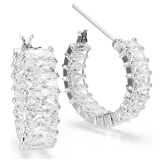 Matrix hoop earrings, Baguette cut, White, Rhodium plated
