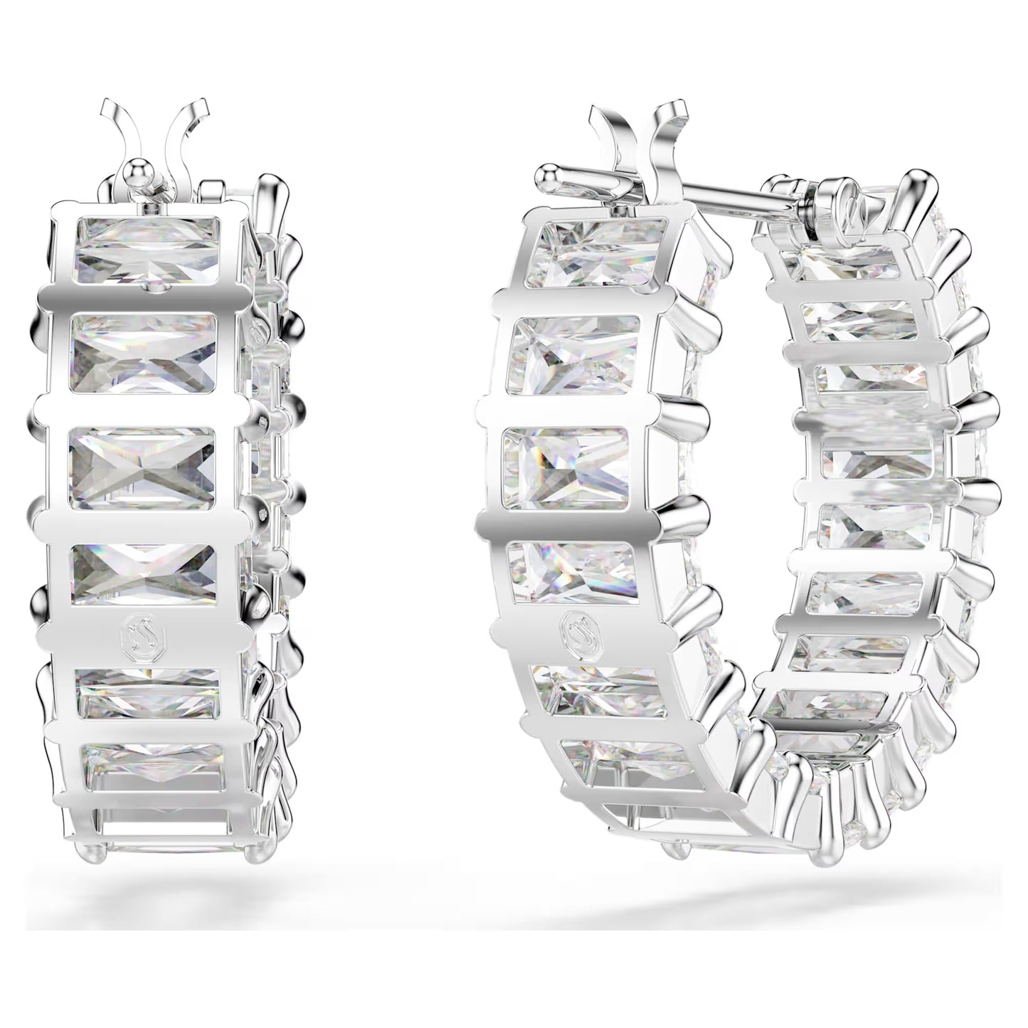 Matrix hoop earrings, Baguette cut, White, Rhodium plated