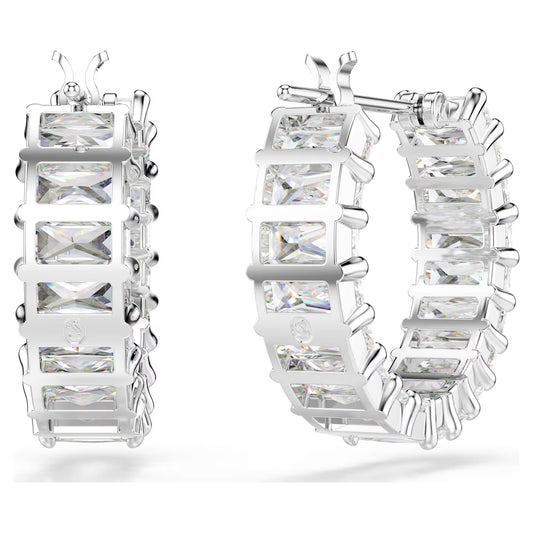 Matrix hoop earrings, Baguette cut, White, Rhodium plated