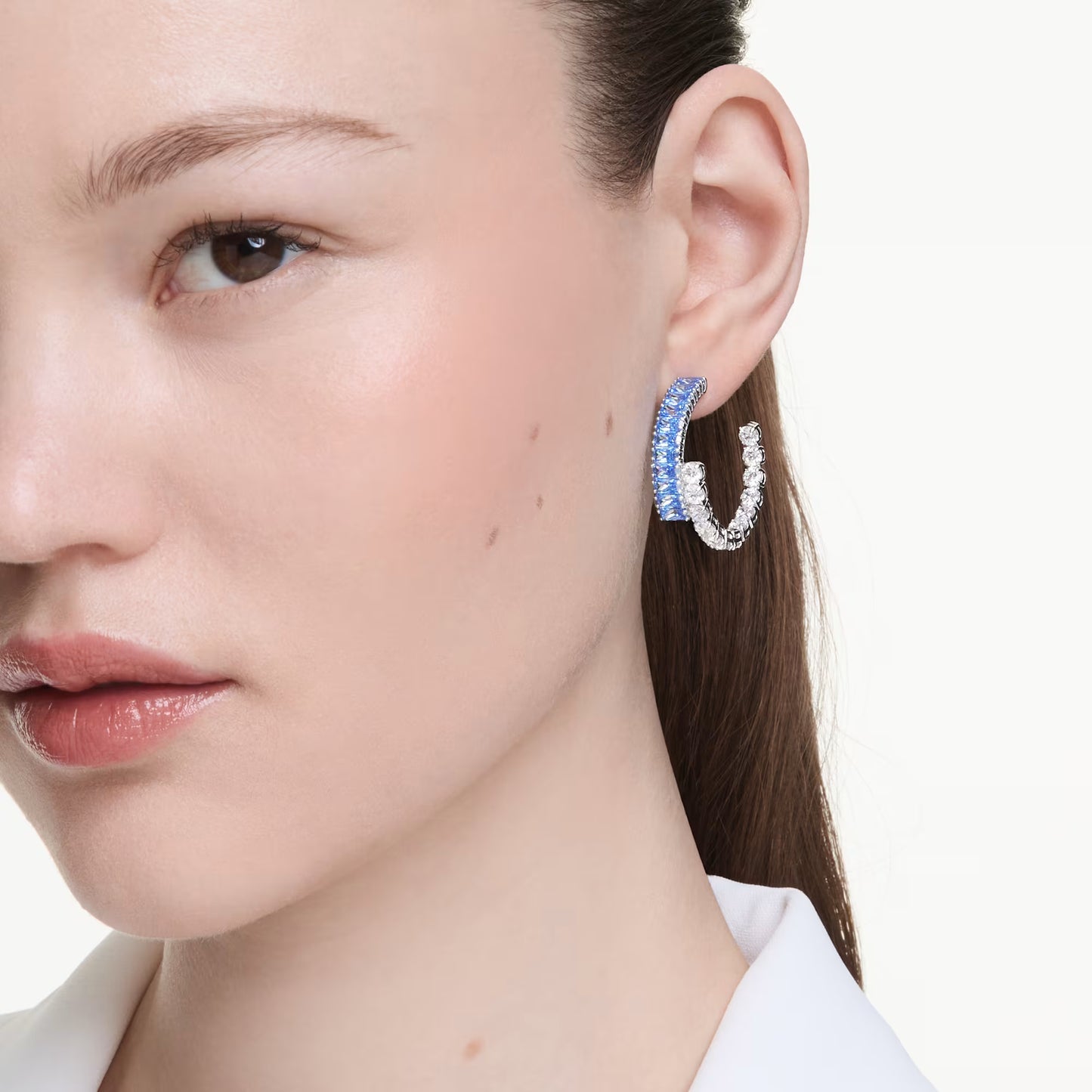 Matrix hoop earrings, Mixed cuts, Blue, Rhodium plated