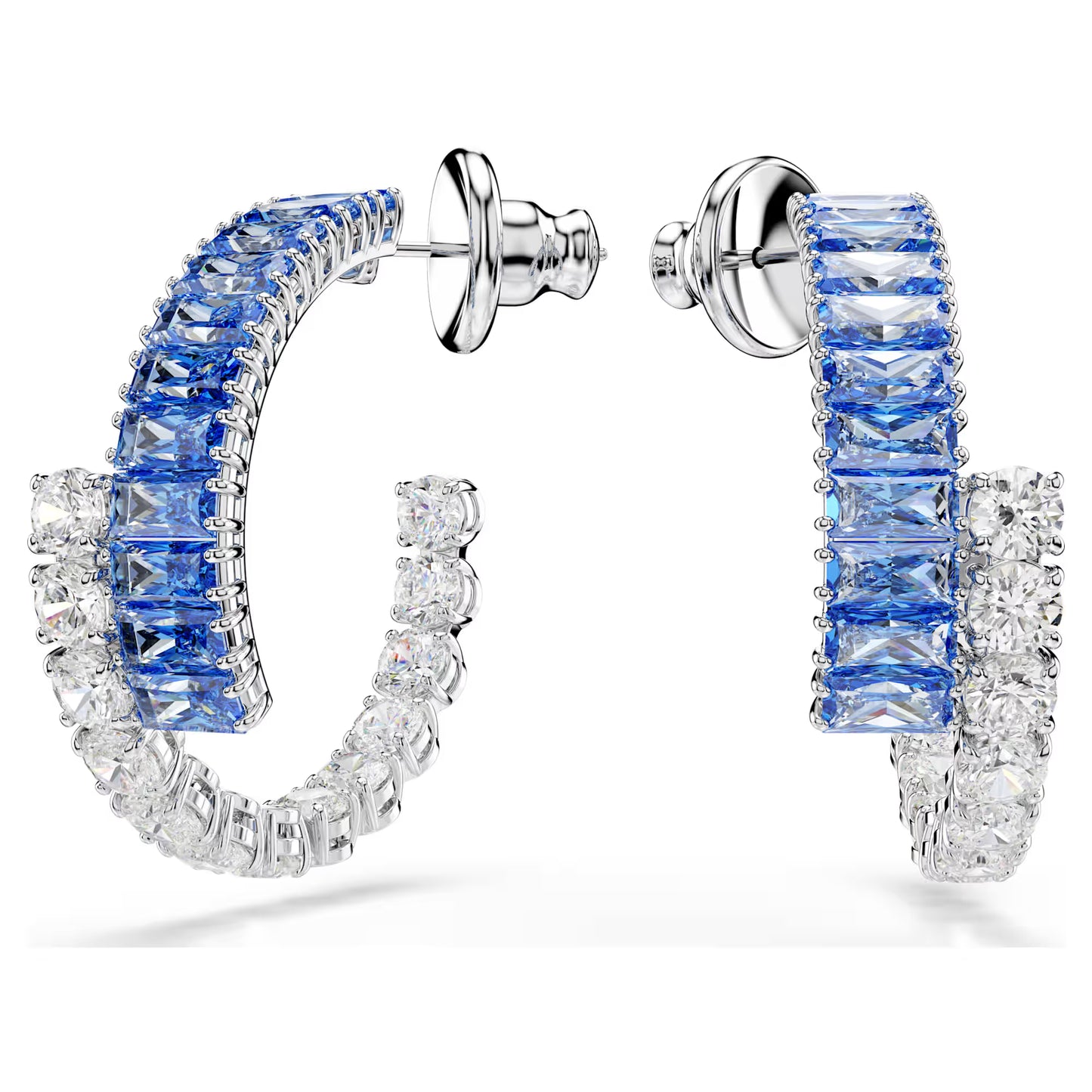 Matrix hoop earrings, Mixed cuts, Blue, Rhodium plated