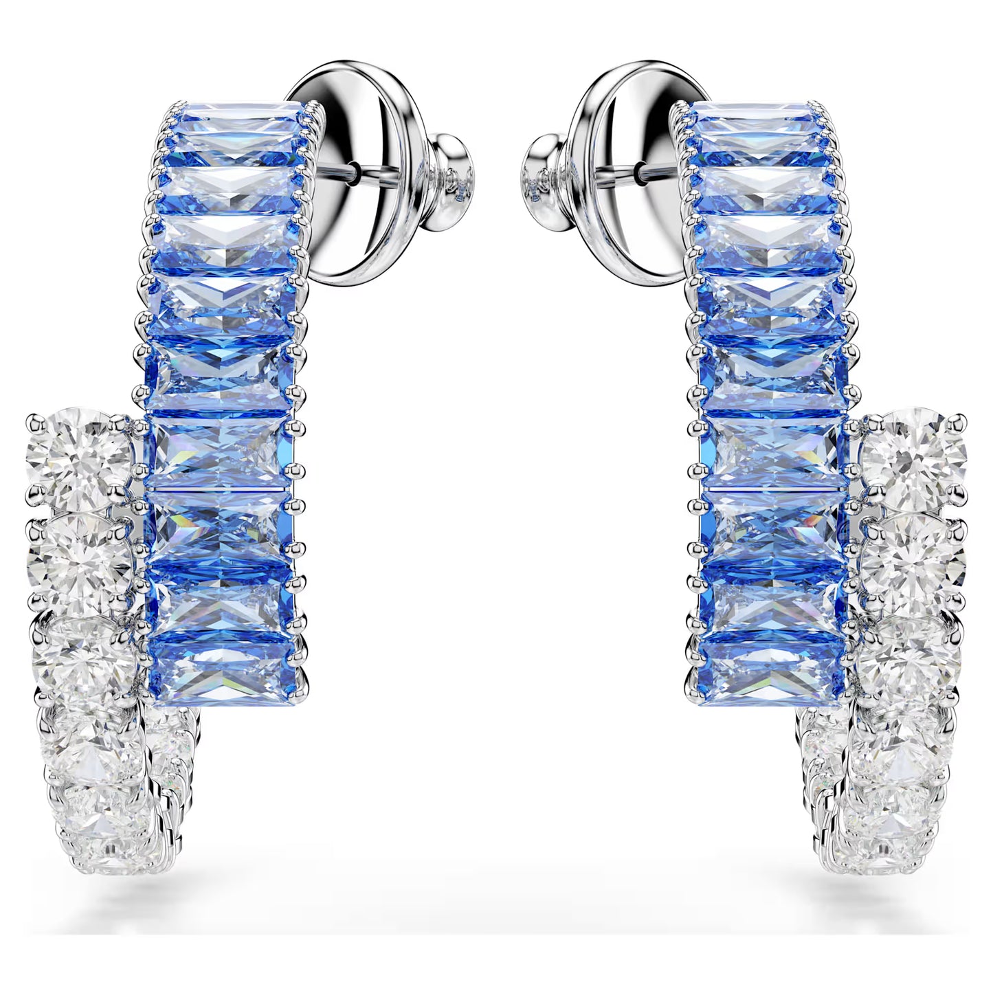 Matrix hoop earrings, Mixed cuts, Blue, Rhodium plated
