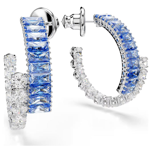 Matrix hoop earrings, Mixed cuts, Blue, Rhodium plated