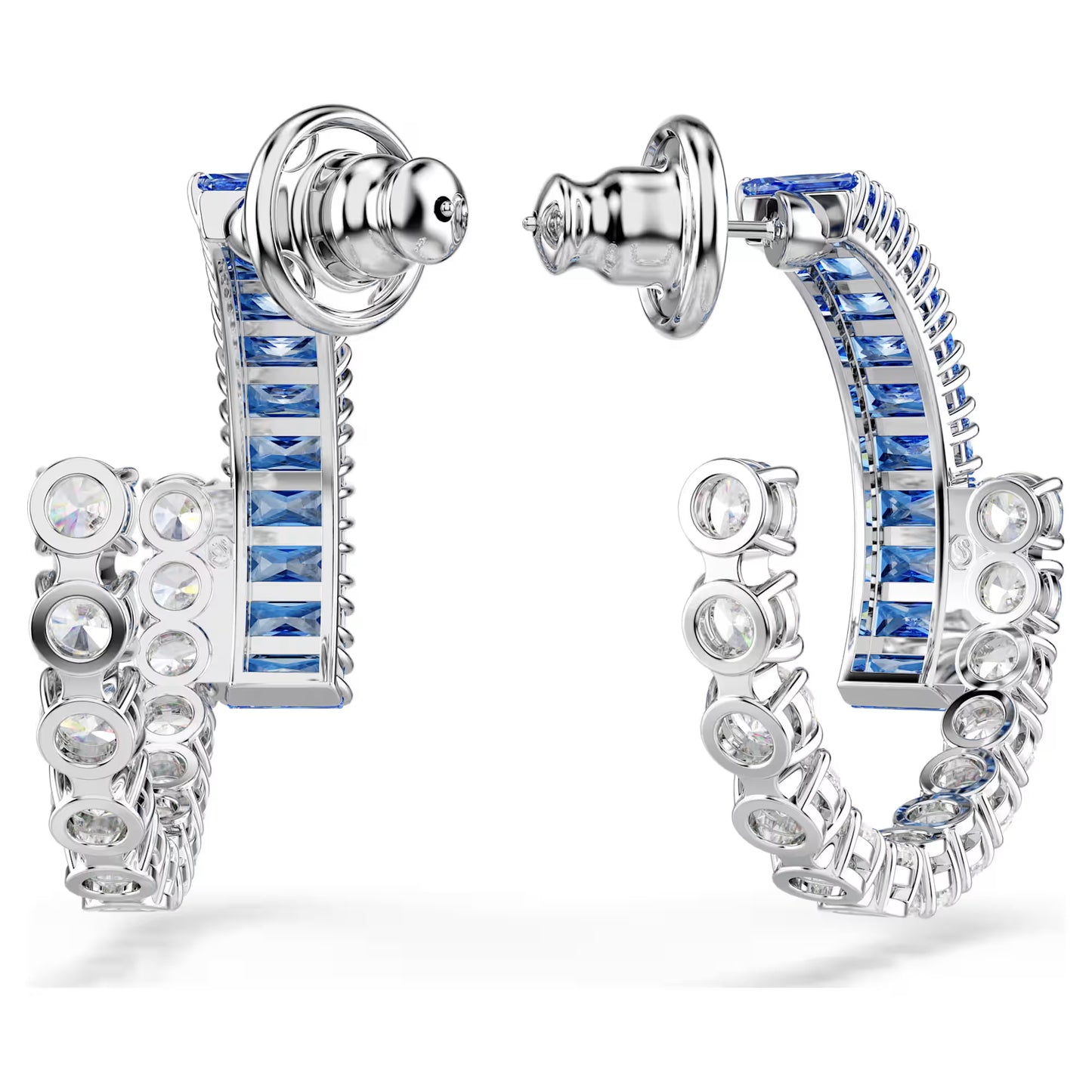 Matrix hoop earrings, Mixed cuts, Blue, Rhodium plated