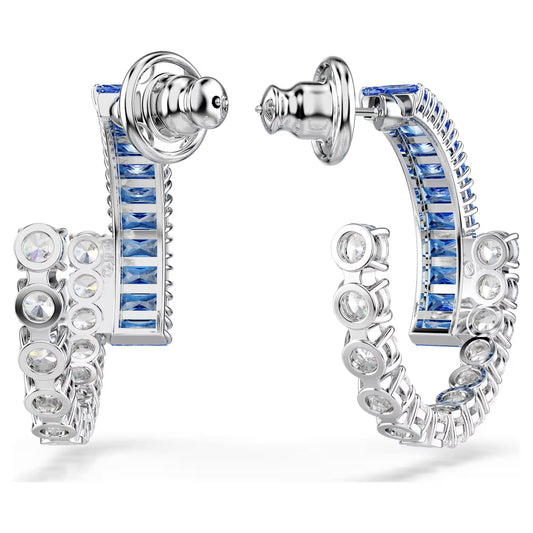 Matrix hoop earrings, Mixed cuts, Blue, Rhodium plated
