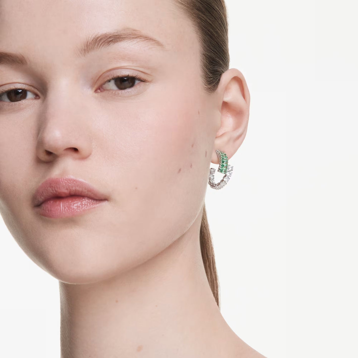 Matrix hoop earrings, Mixed cuts, Green, Rhodium plated