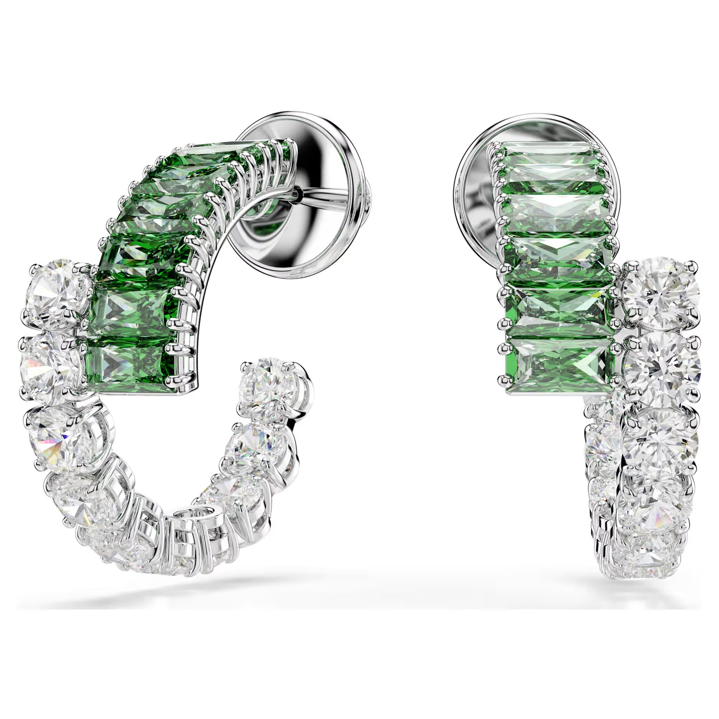 Matrix hoop earrings, Mixed cuts, Green, Rhodium plated