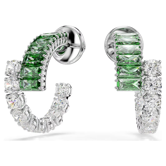Matrix hoop earrings, Mixed cuts, Green, Rhodium plated