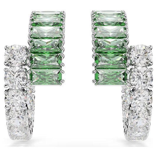 Matrix hoop earrings, Mixed cuts, Green, Rhodium plated