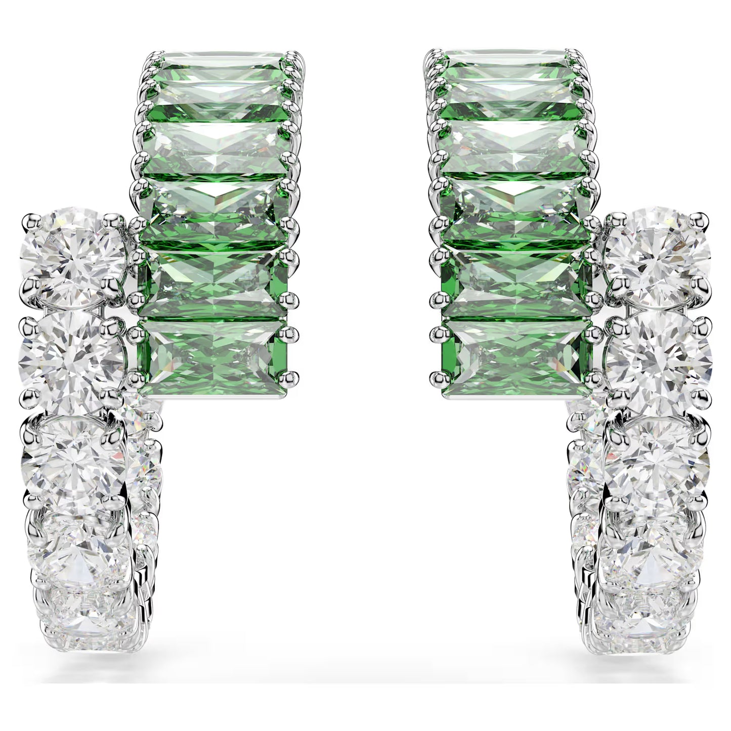 Matrix hoop earrings, Mixed cuts, Green, Rhodium plated