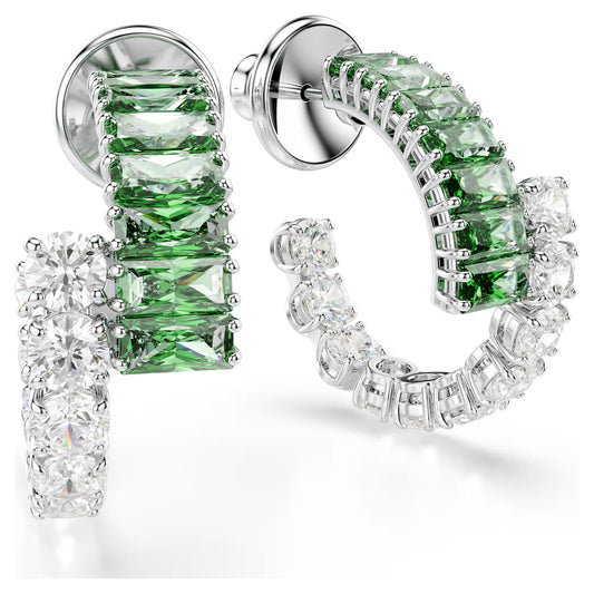 Matrix hoop earrings, Mixed cuts, Green, Rhodium plated