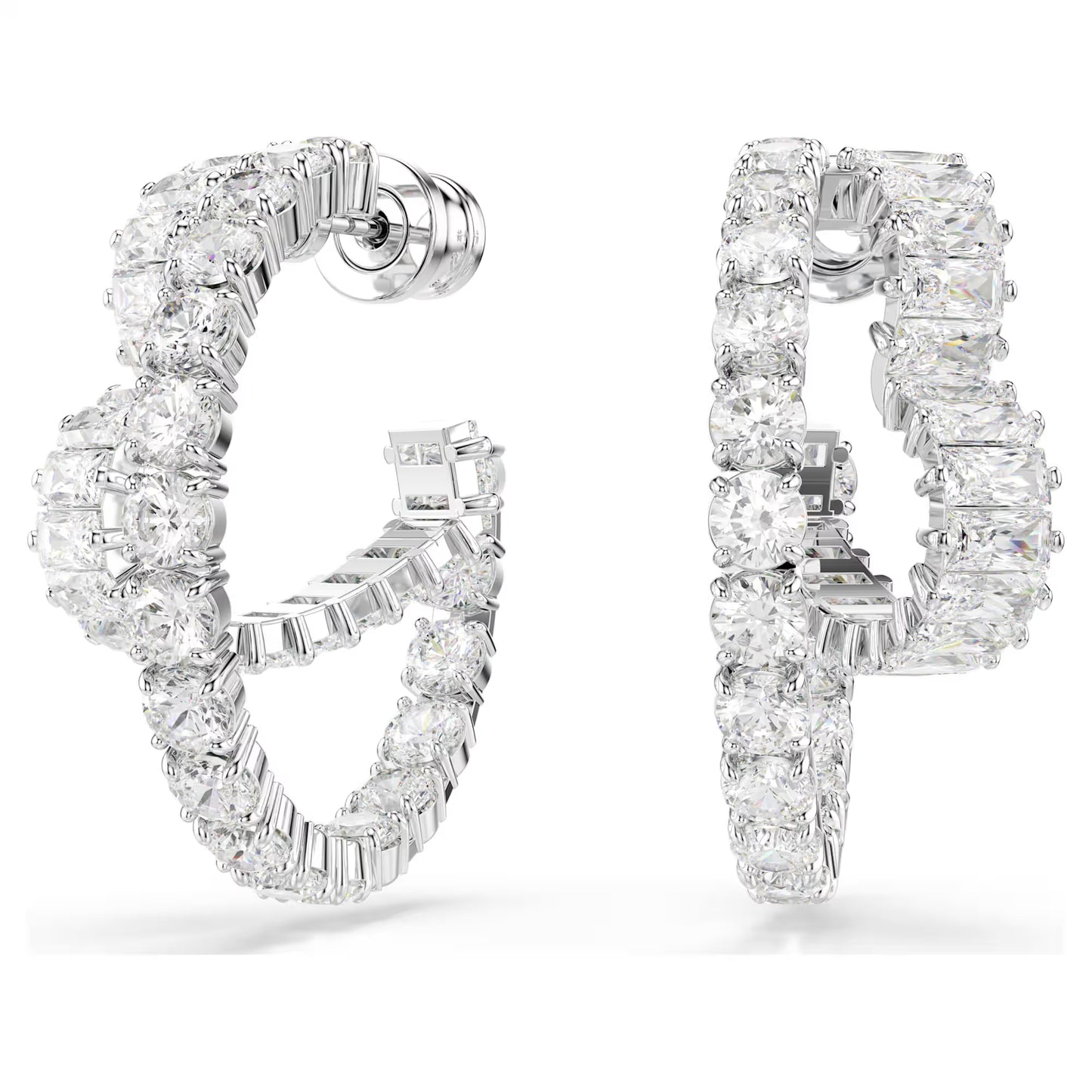 Matrix hoop earrings, Mixed cuts, Heart, White, Rh