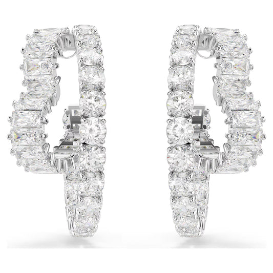 Matrix hoop earrings, Mixed cuts, Heart, White, Rh