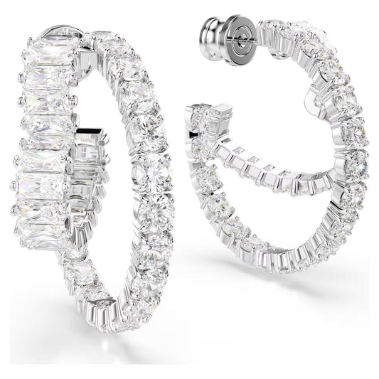 Matrix hoop earrings, Mixed cuts, Heart, White, Rh