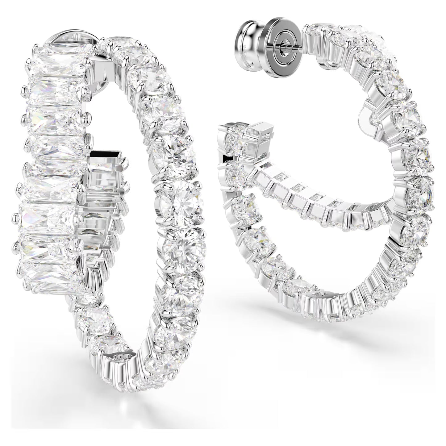 Matrix hoop earrings, Mixed cuts, Heart, White, Rh