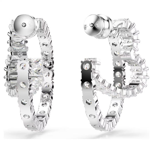 Matrix hoop earrings, Mixed cuts, Heart, White, Rh
