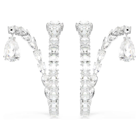 Matrix hoop earrings, Mixed cuts, White, Rhodium
