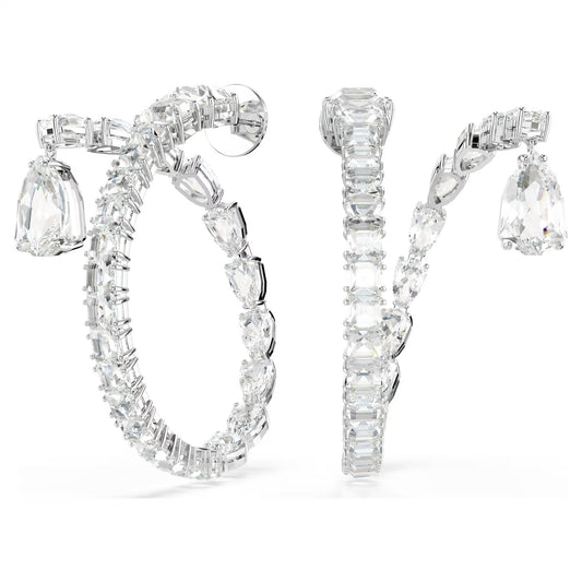 Matrix hoop earrings, Mixed cuts, White, Rhodium