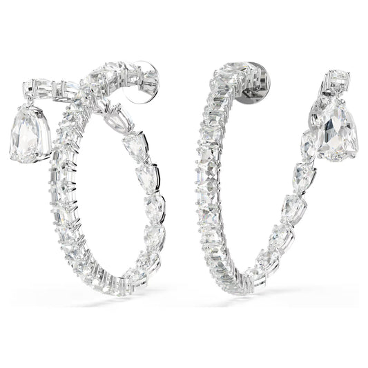 Matrix hoop earrings, Mixed cuts, White, Rhodium