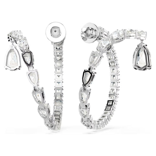 Matrix hoop earrings, Mixed cuts, White, Rhodium