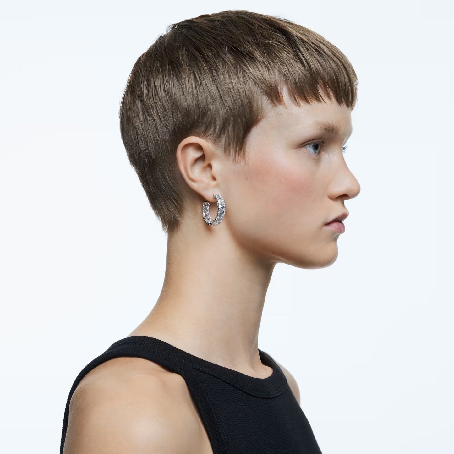 Matrix hoop earrings, Octagon cut, White, Rhodium plated