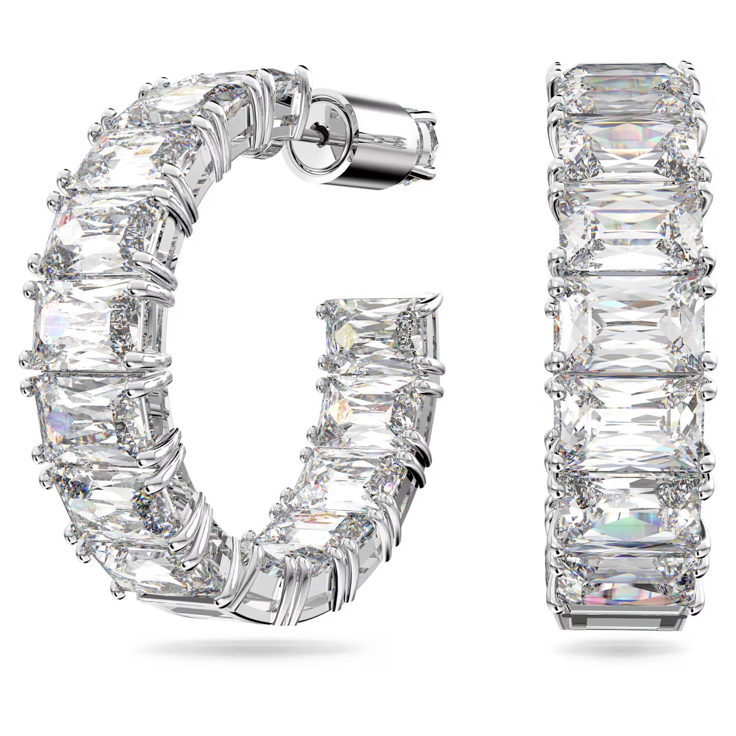 Matrix hoop earrings, Octagon cut, White, Rhodium plated