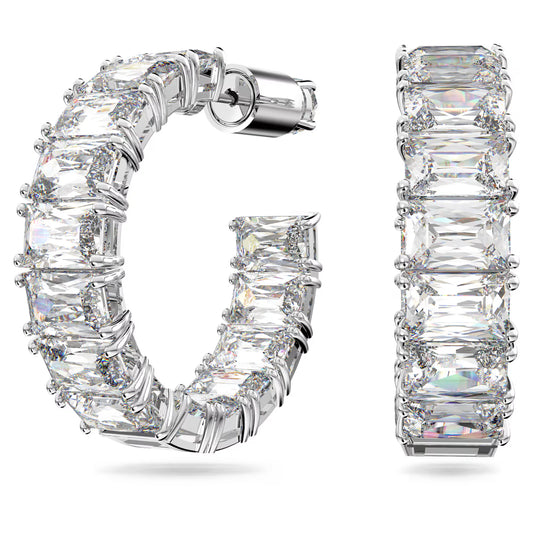 Matrix hoop earrings, Octagon cut, White, Rhodium plated