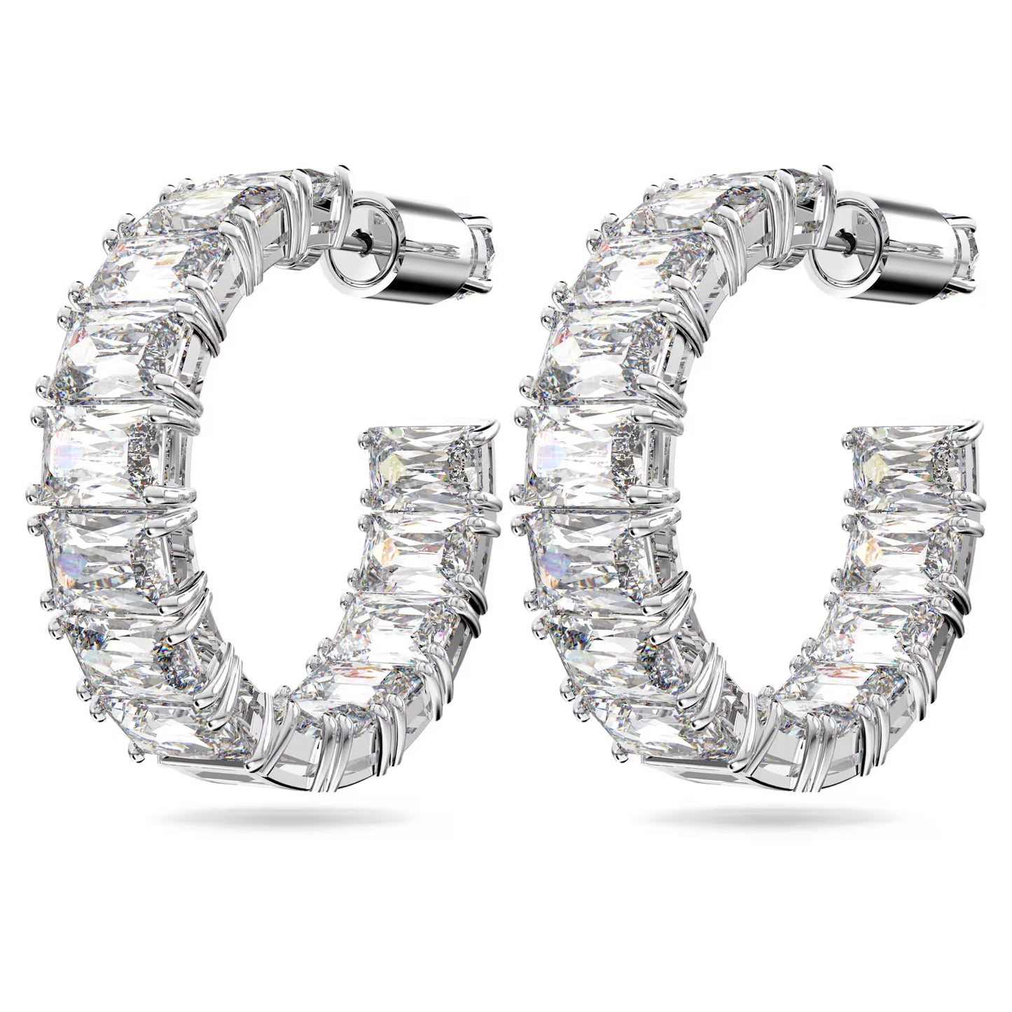 Matrix hoop earrings, Octagon cut, White, Rhodium plated