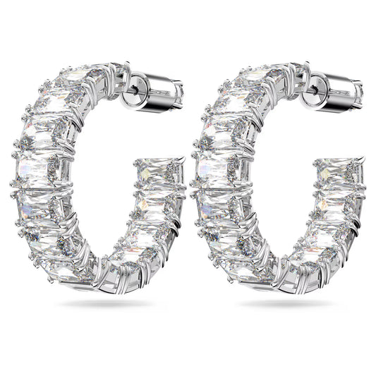 Matrix hoop earrings, Octagon cut, White, Rhodium plated