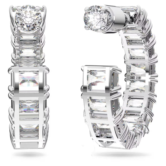 Matrix hoop earrings, Octagon cut, White, Rhodium plated