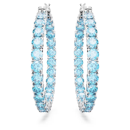Matrix hoop earrings, Round cut, Blue, Rhodium pla