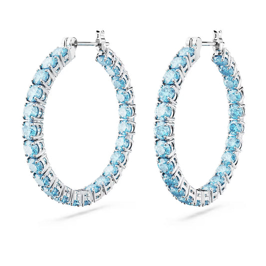 Matrix hoop earrings, Round cut, Blue, Rhodium pla
