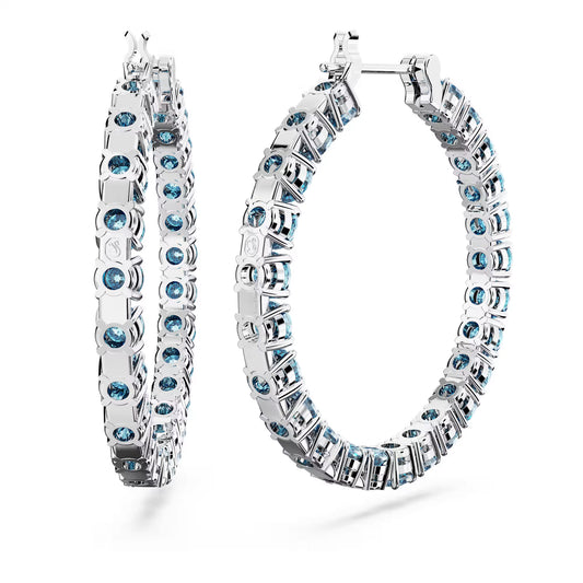 Matrix hoop earrings, Round cut, Blue, Rhodium pla
