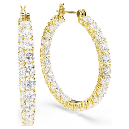Matrix hoop earrings, Round cut, White, Gold-tone plated