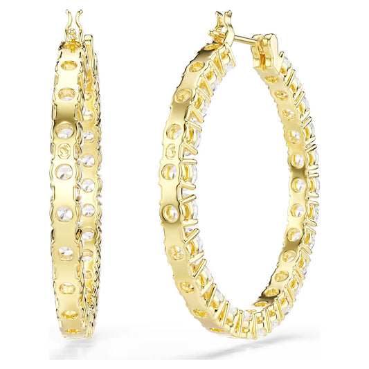 Matrix hoop earrings, Round cut, White, Gold-tone plated