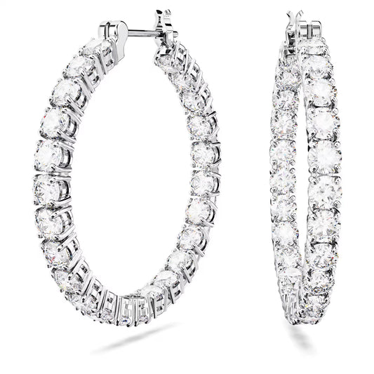 Matrix hoop earrings, Round cut, White, Rhodium