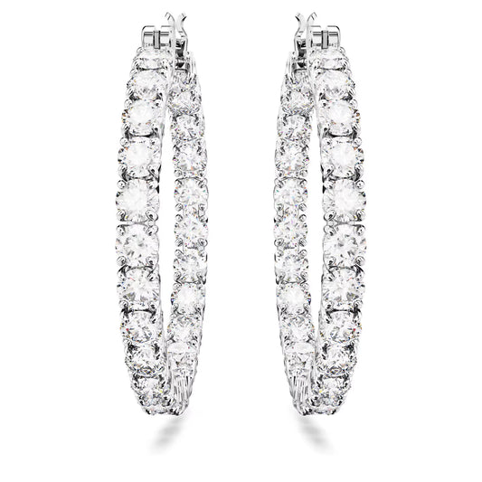 Matrix hoop earrings, Round cut, White, Rhodium