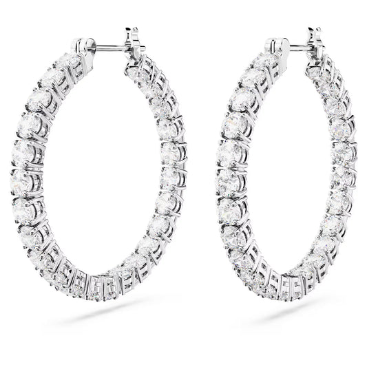 Matrix hoop earrings, Round cut, White, Rhodium