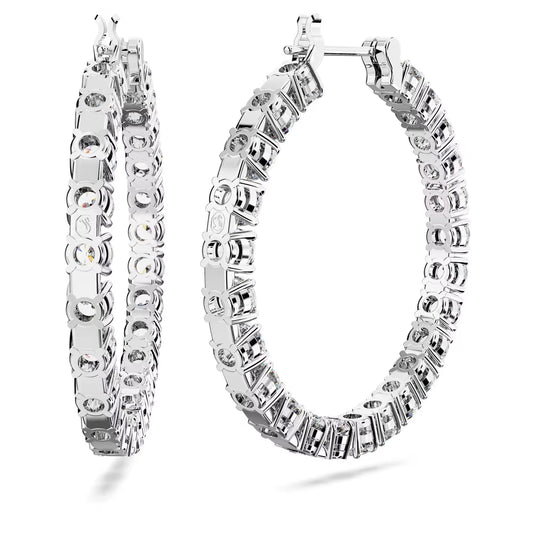 Matrix hoop earrings, Round cut, White, Rhodium