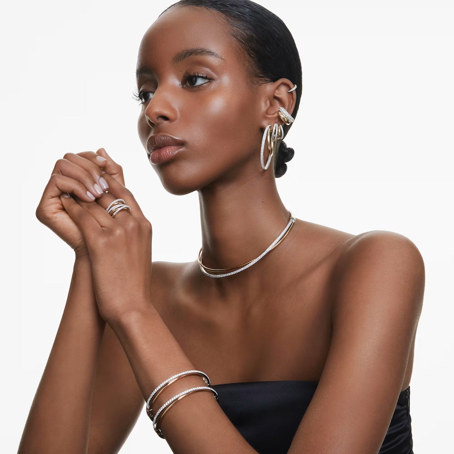 Matrix hoop earrings, Round cut, White, Rhodium plated