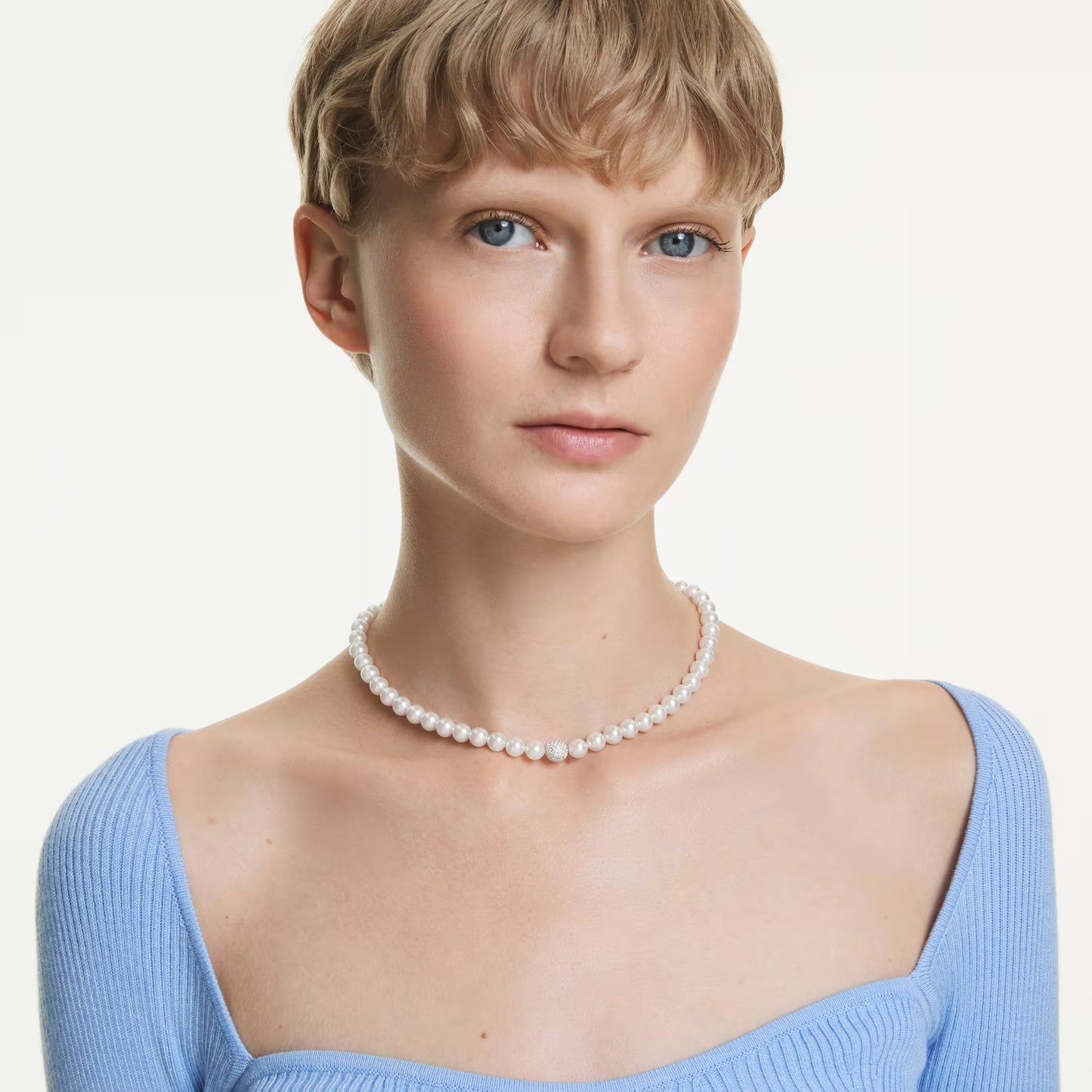 Matrix necklace, Crystal pearl, White, Rhodium plated