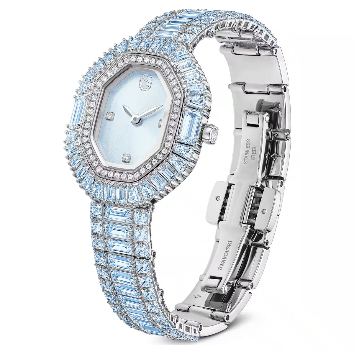 Matrix octagon watch, Baguette cut, Metal bracelet, Blue, Stainless steel