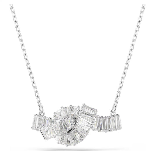 Matrix pendant, Baguette cut, Knot, White, Rhodium plated