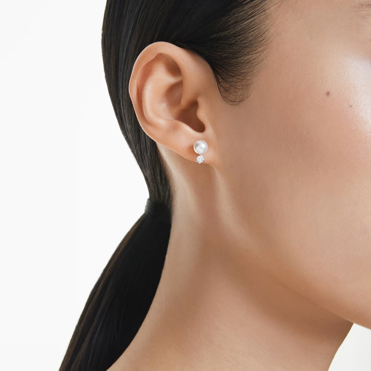 Matrix stud earrings, Crystal pearl, White Rhodium